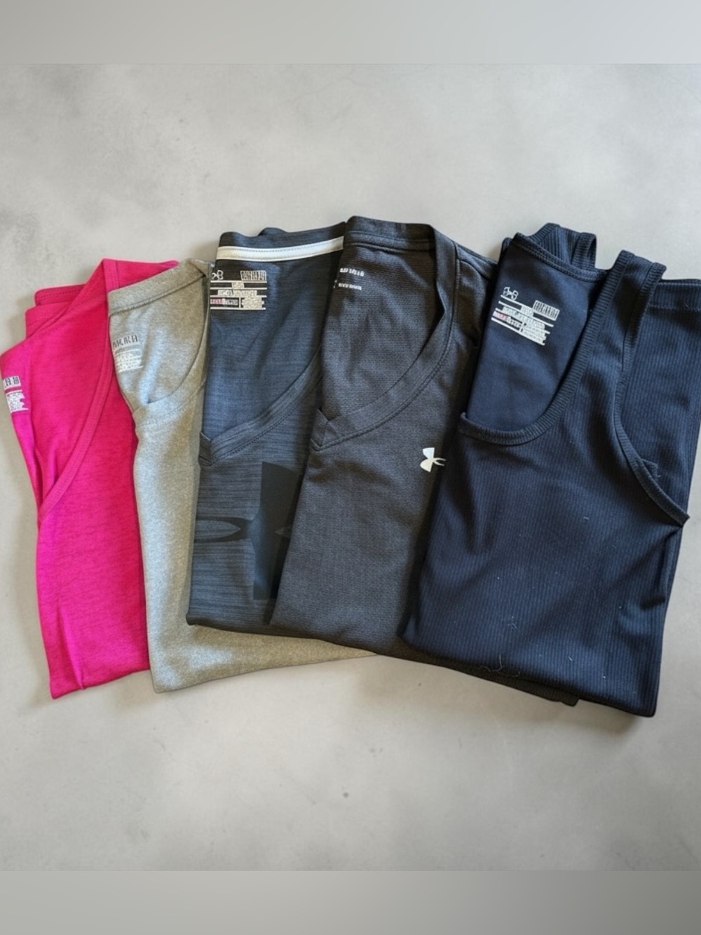 Under Armour Women’s Pink, Gray, Charcoal & Black Athletic Shirts- Size Medium